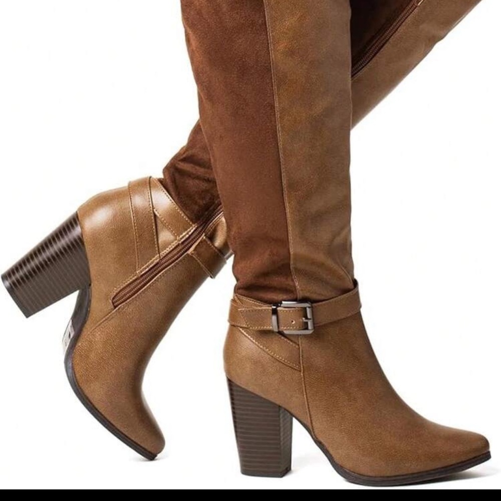 Brown Faux Leather Suede Stacked Heeled Boots Sz 9